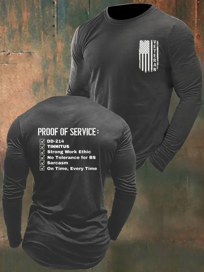 Men's Veteran Proof Of Service  Pattern Long Sleeve 100% Cotton T-Shirt