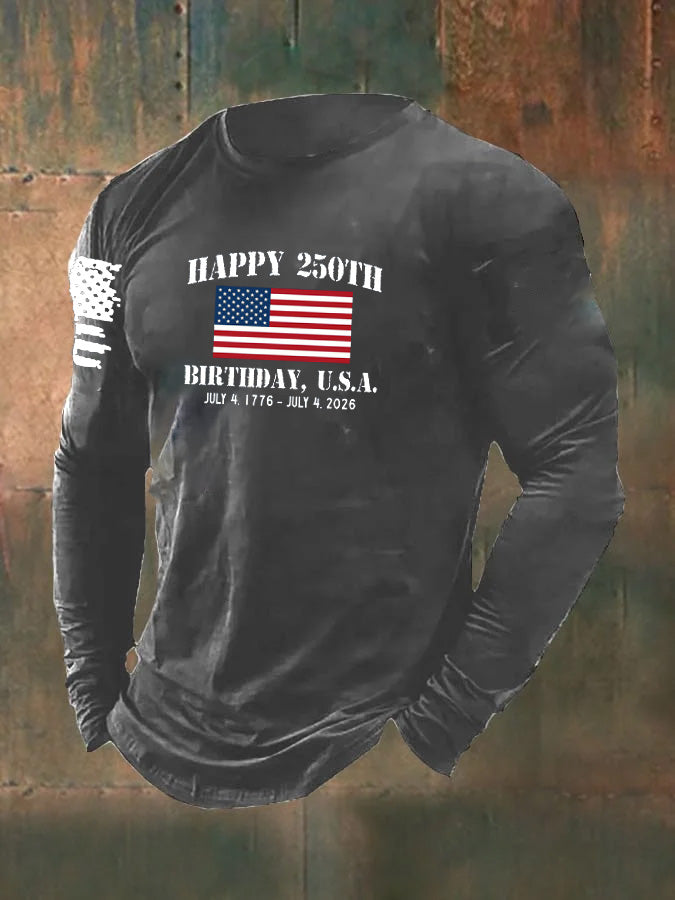Men's Happy 250th Birthady U.S.A. Pattern Long Sleeve 100% Cotton T-Shirt