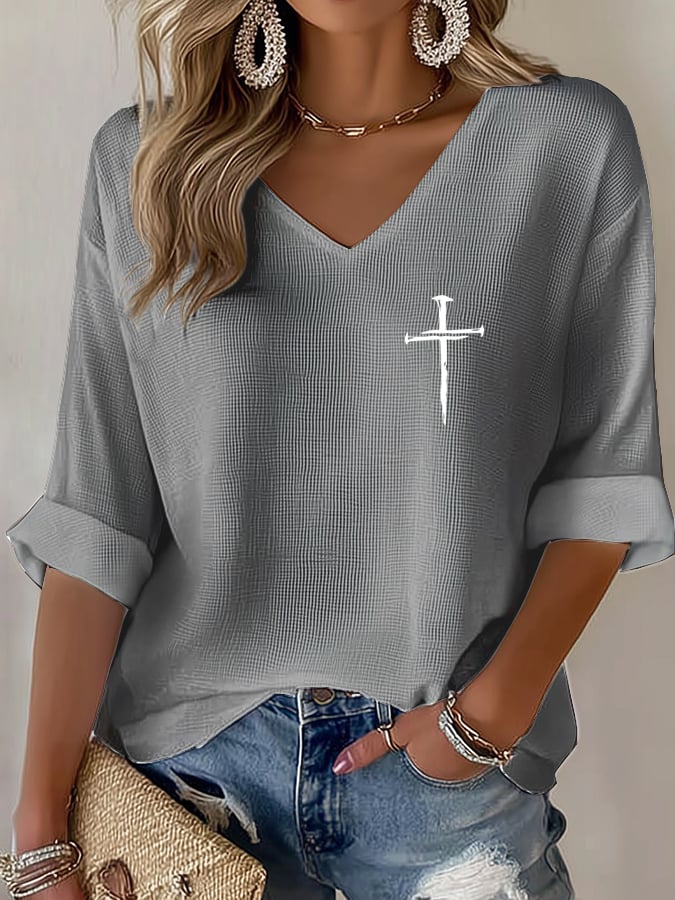 Women's Retro Faith Cross Design Printed Waffle Long Sleeve T-Shirt