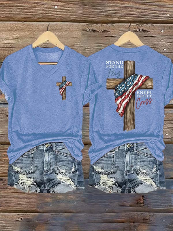 Women's Stand For The Flag Kneel For The Cross Printed Casual V-Neck T-Shirt