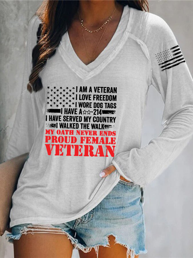 Women's Proud Female Veteran Printed V-Neck Long Sleeve T-Shirt