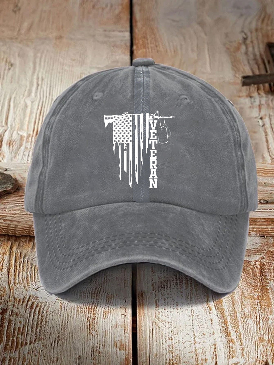 Gun And American Flag Veteran Pattern Washed And Distressed Hats
