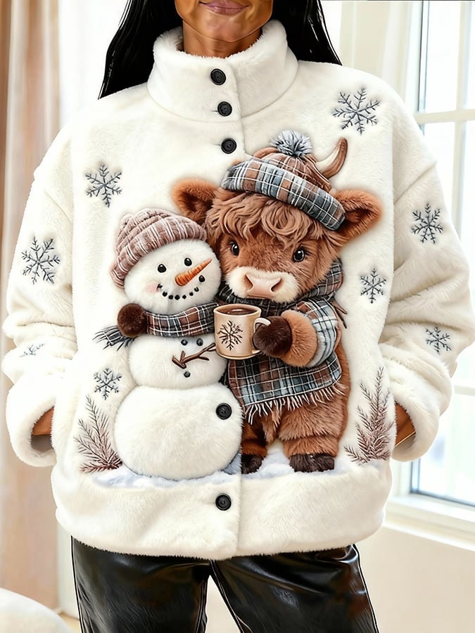 Women'S Cute Animal Highland Cow Art Flannel Print Coat