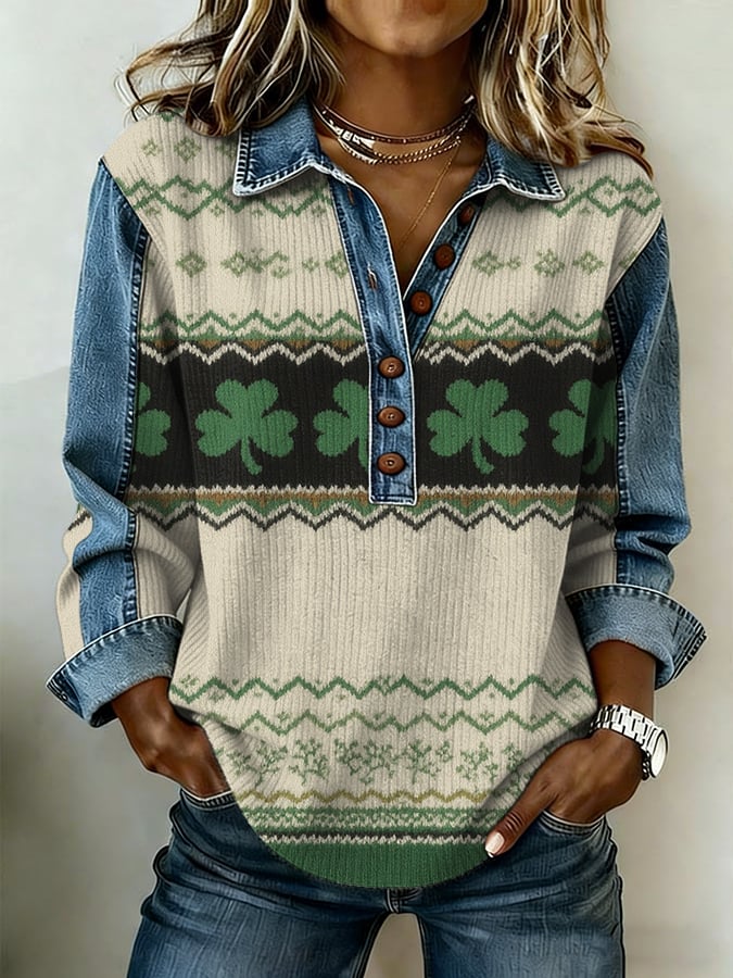 Women's Casual Color Block Print Long-Sleeve Shirt