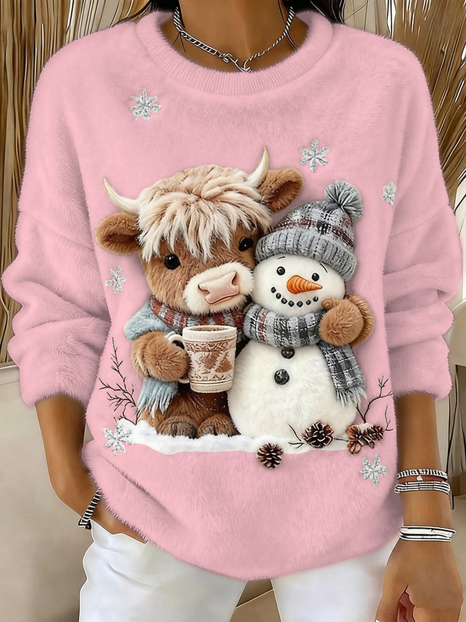 Women's Animal Highland Cow Yeti Art Print Crew Neck Top