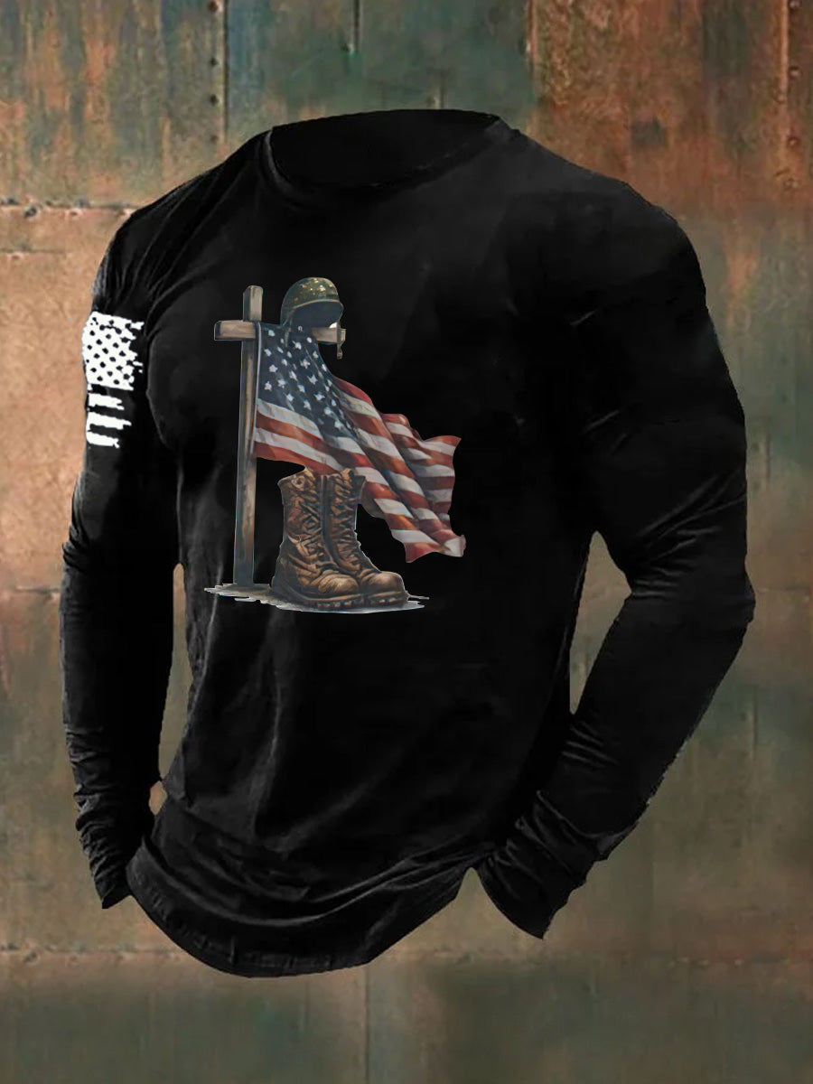 Men's Aintage Faith Veteran Flag Print Long Sleeve Cotton T-Shirt
