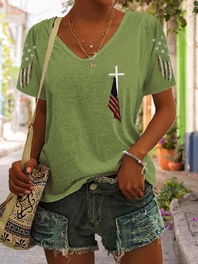 Women's Cross Flag Print Casual T-shirt