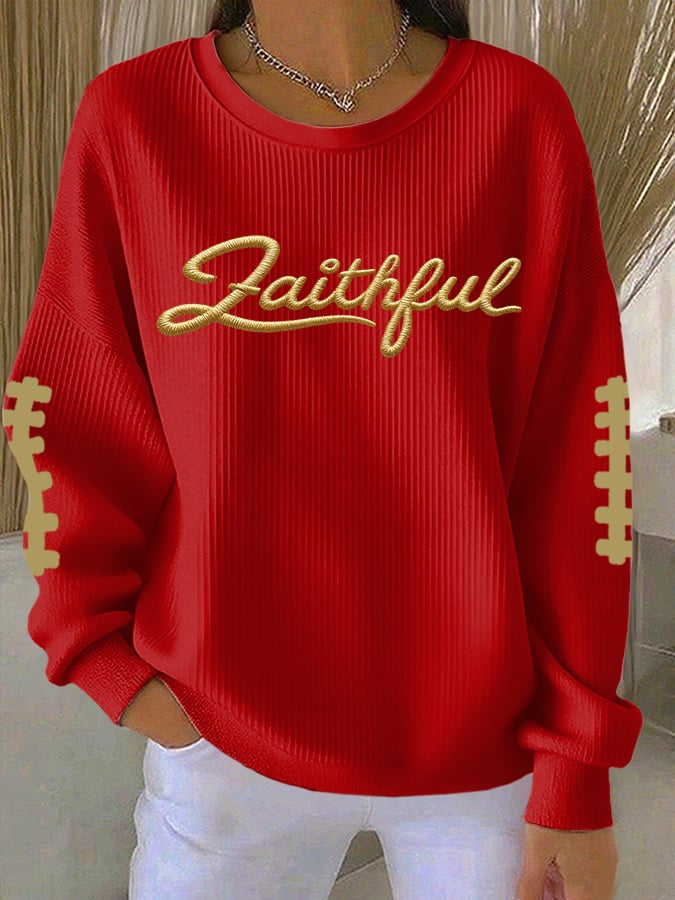 Women's Football Print Knit Crew Neck Long Sleeve Top