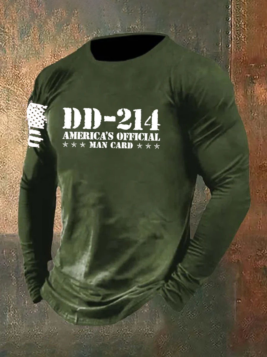 DD-214 American`s Offical Man Card Printed Long Sleeve Cotton T-Shirt