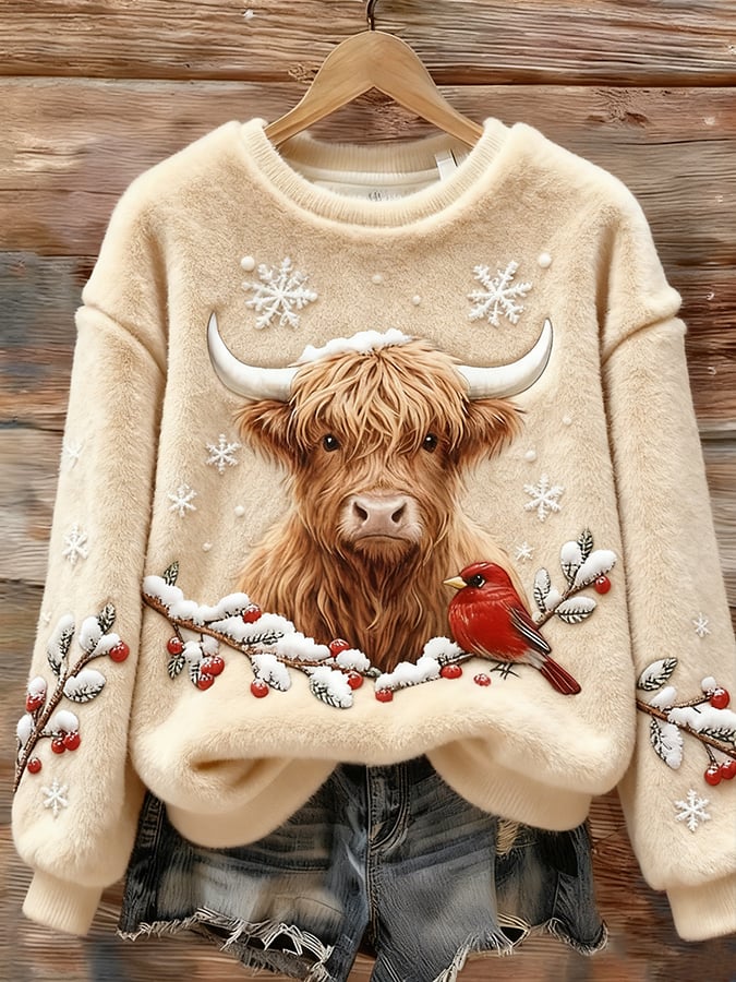 Women's Christmas Highland Denim Print Sweatshirt