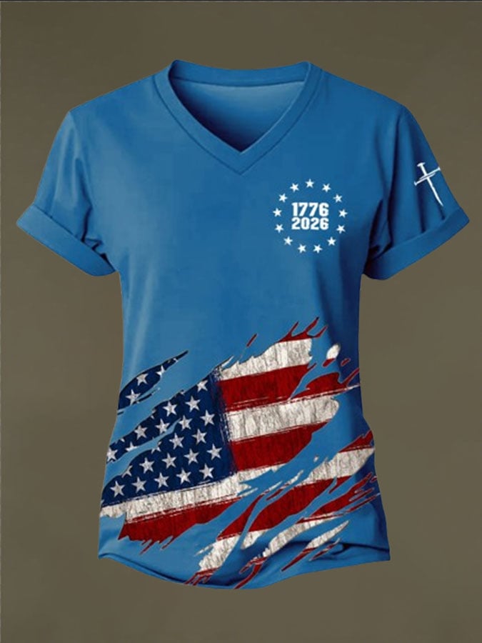 Women's Vintage American Flag Print Casual T-shirt