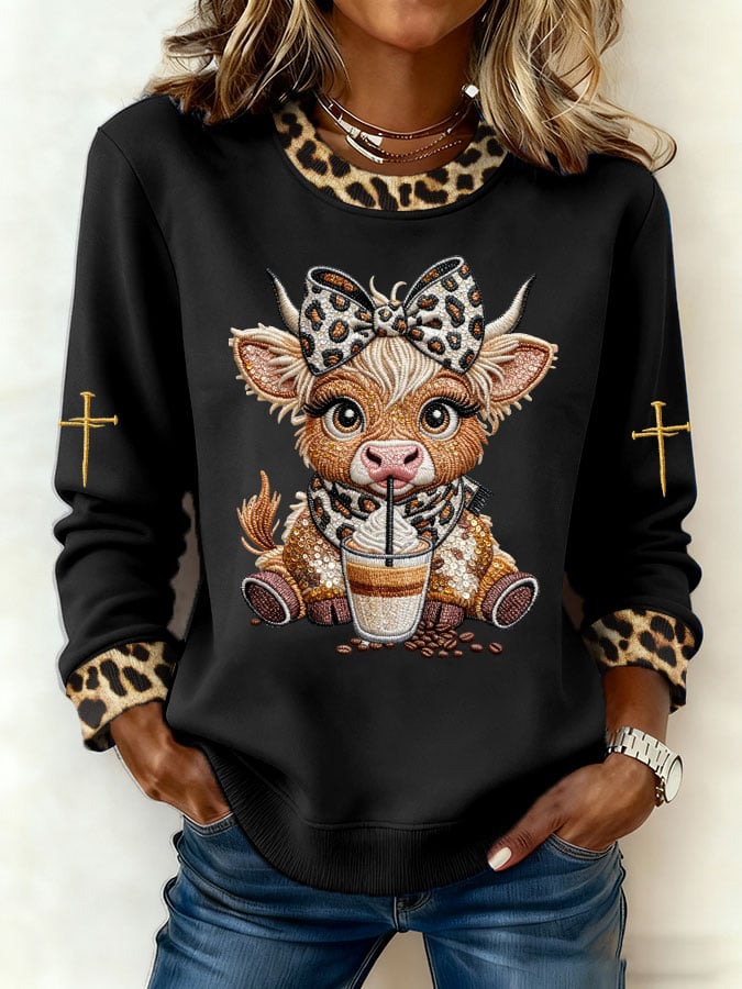 Women's Retro Cute Highland Cow Leopard Print Color Block Sweatshirt