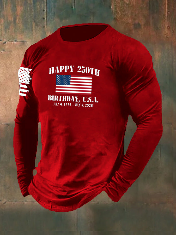 Men's Happy 250th Birthady U.S.A. Pattern Long Sleeve 100% Cotton T-Shirt
