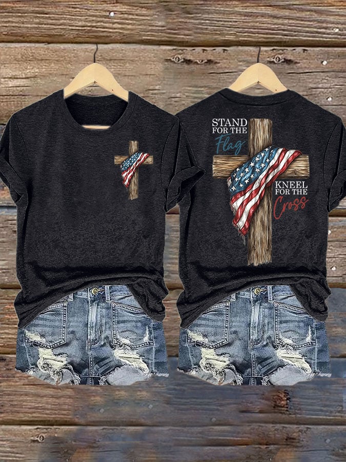 Women's STAND FOR THE FLAG, KNEEL FOR THE CROSS Print Casual T-shirt