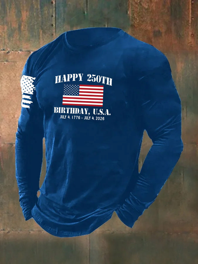 Men's Happy 250th Birthady U.S.A. Pattern Long Sleeve 100% Cotton T-Shirt