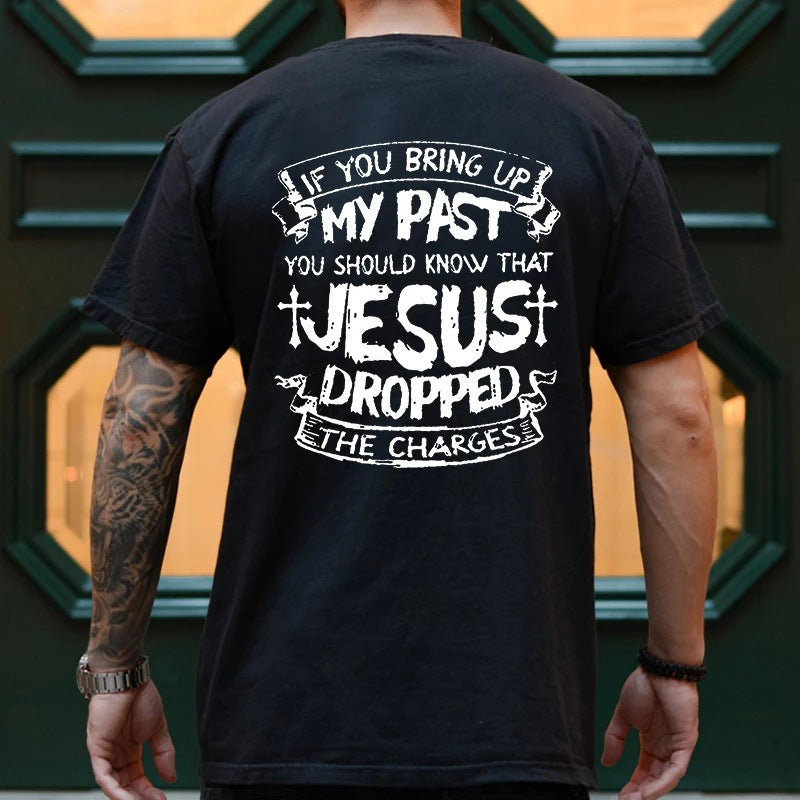 Men's casual T-shirt with the print "Not who I was — redeemed by Jesus."