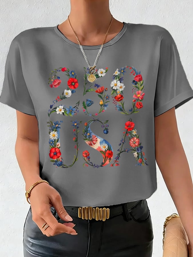Women's 250th Anniversary National Flag Floral Print Casual T-Shirt