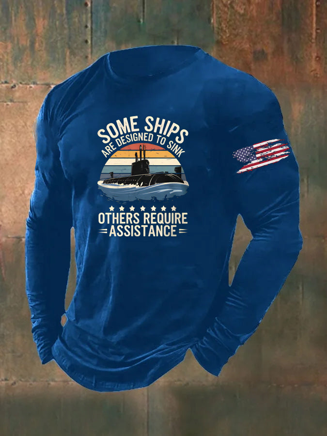 Men's  Navy Vintage Pattern Long Sleeve 100% Cotton T-Shirt
