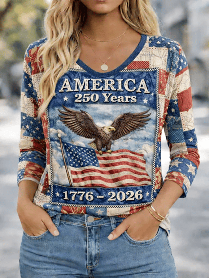 Women's 250th Anniversary American Art Print V-Neck Long Sleeve Top