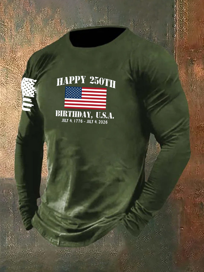 Men's Happy 250th Birthady U.S.A. Pattern Long Sleeve 100% Cotton T-Shirt