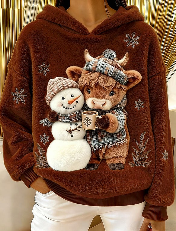 Women's Highland Cow Snowman Flannel Hooded Sweatshirt