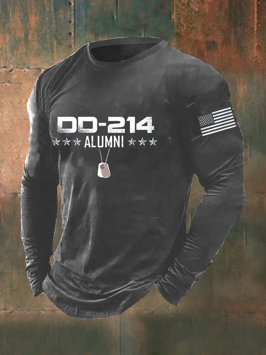 Men's Vintage DD-214 Alumni Veteran Print Casual Long Sleeve T-Shirt