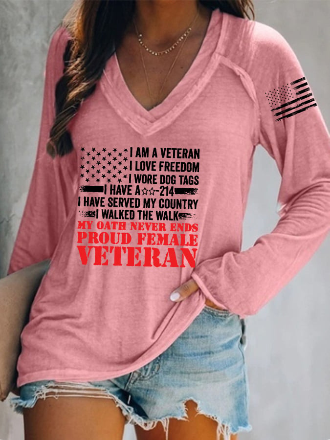 Women's Proud Female Veteran Printed V-Neck Long Sleeve T-Shirt