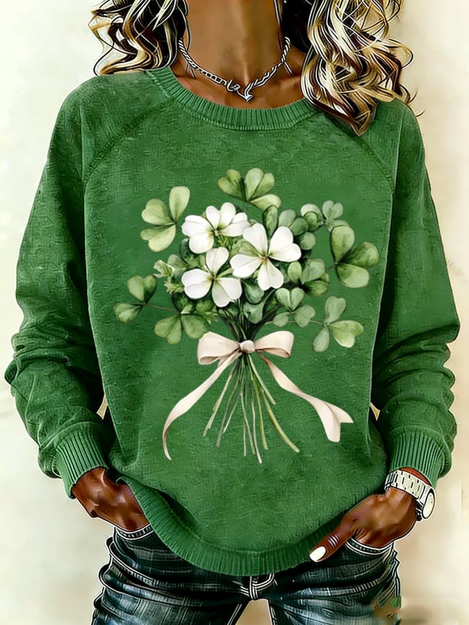 Women's Saint Patrick’S Day Shamrock Bouquet Print Crew Neck Sweatshirt