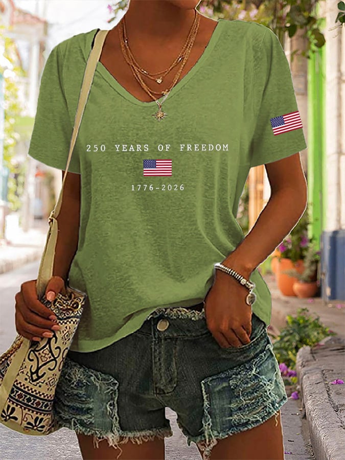 Women's America Flag Print V-neck T-shirt