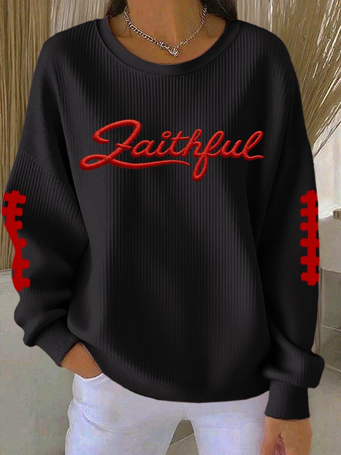 Women's Football Print Knit Crew Neck Long Sleeve Top