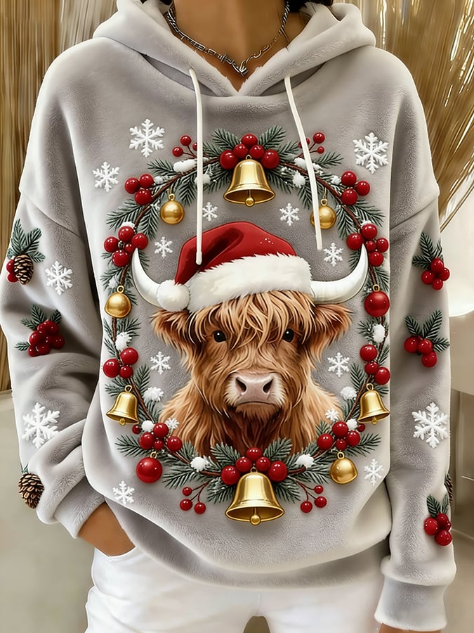 Women's Christmas Highland Denim Print Sweatshirt