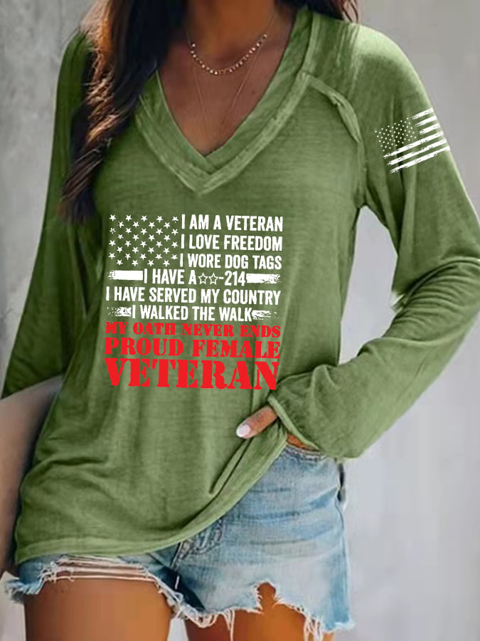 Women's Proud Female Veteran Printed V-Neck Long Sleeve T-Shirt