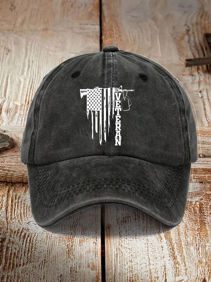 Gun And American Flag Veteran Pattern Washed And Distressed Hats