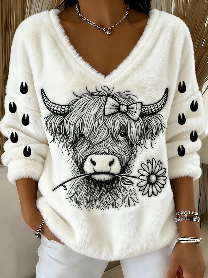 Women's Animal Highland Cow Print V-Neck Top