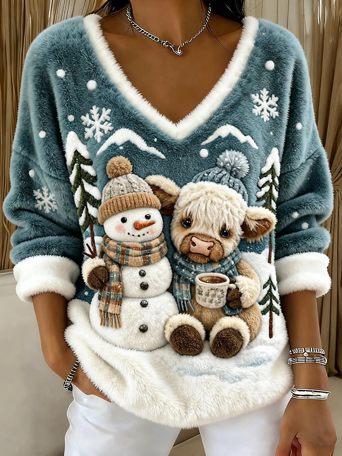 Women's Animal Highland Cow Yeti Art Print V-Neck Top