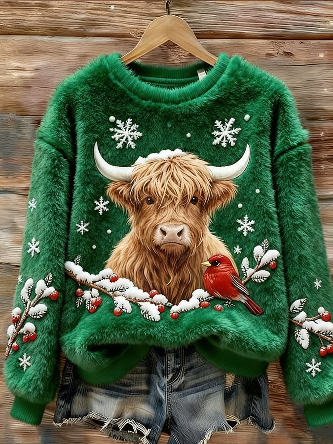 Women's Christmas Highland Denim Print Sweatshirt