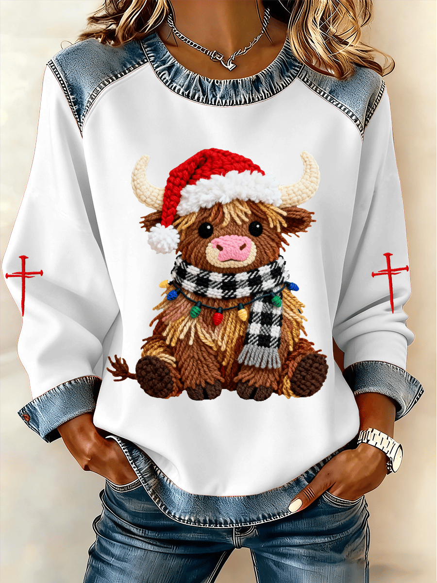 Women's Christmas Highland Cow Faith Print Fleece Sweatshirt