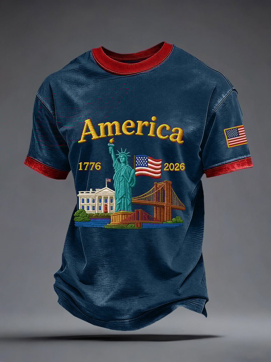 Men's America 250th Anniversary – 1776–2026 Heritage Landmark Print Casual T-Shirt