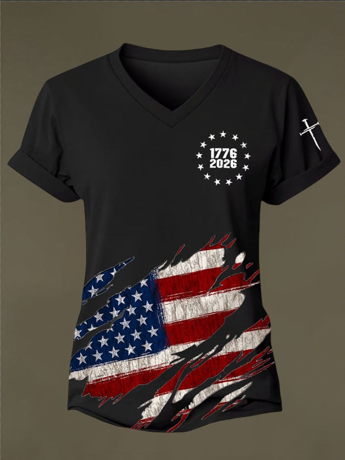 Women's Vintage American Flag Print Casual T-shirt