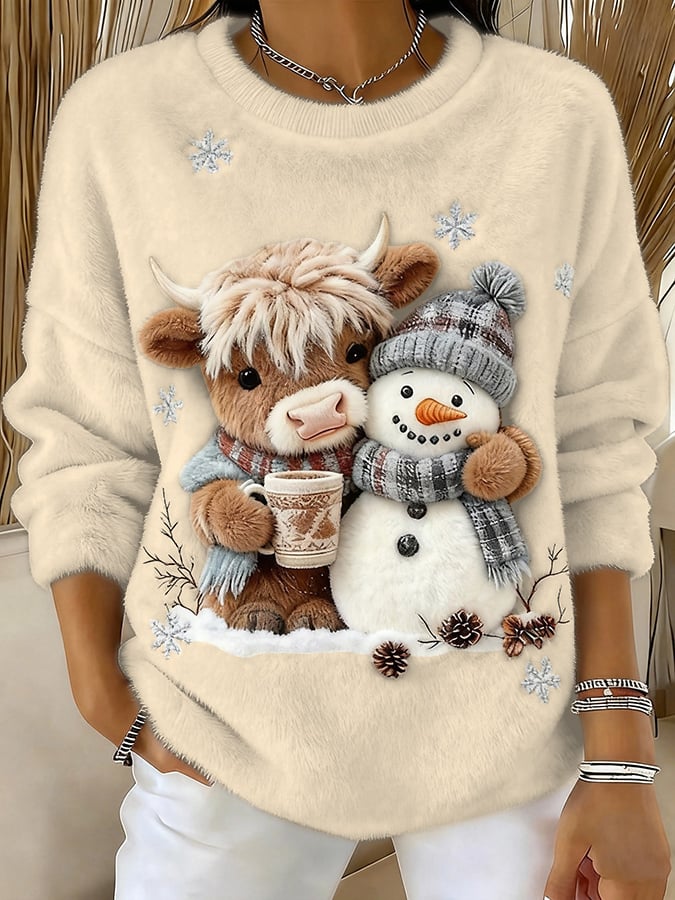 Women's Animal Highland Cow Yeti Art Print Crew Neck Top
