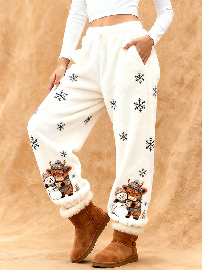 Women's Cute Animal Highland Cow Yeti Print Flannel Casual Pants