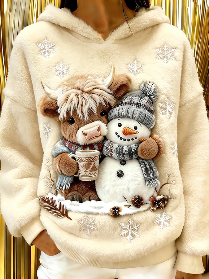 Women's Highland Cow Snowman Flannel Hooded Sweatshirt
