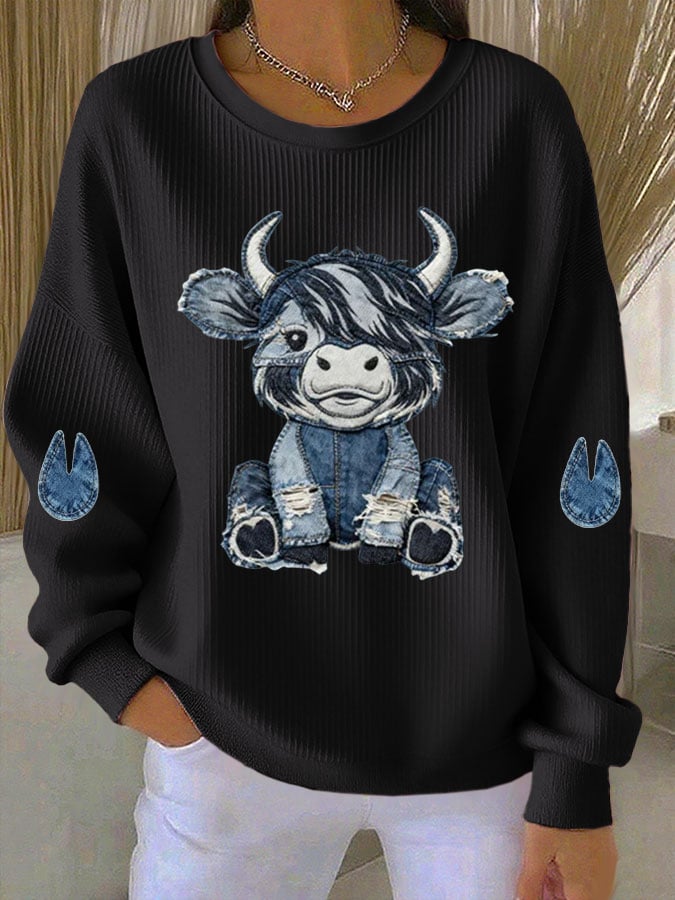 Women's Highland Denim Print Crew Neck Long Sleeve Top