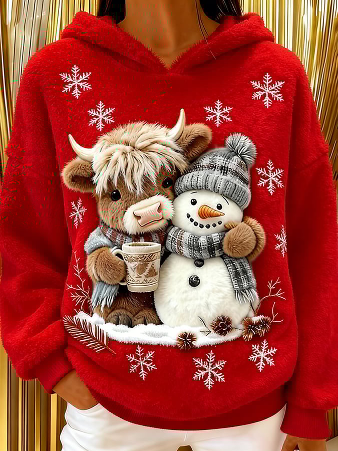 Women's Highland Cow Snowman Flannel Hooded Sweatshirt