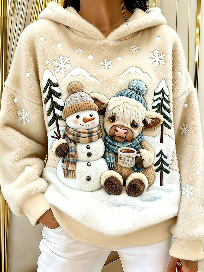 Women's Highland Cow Snowman Flannel Hooded Sweatshirt