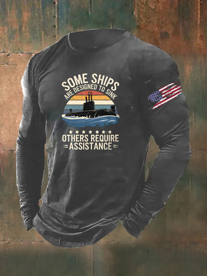 Men's  Navy Vintage Pattern Long Sleeve 100% Cotton T-Shirt