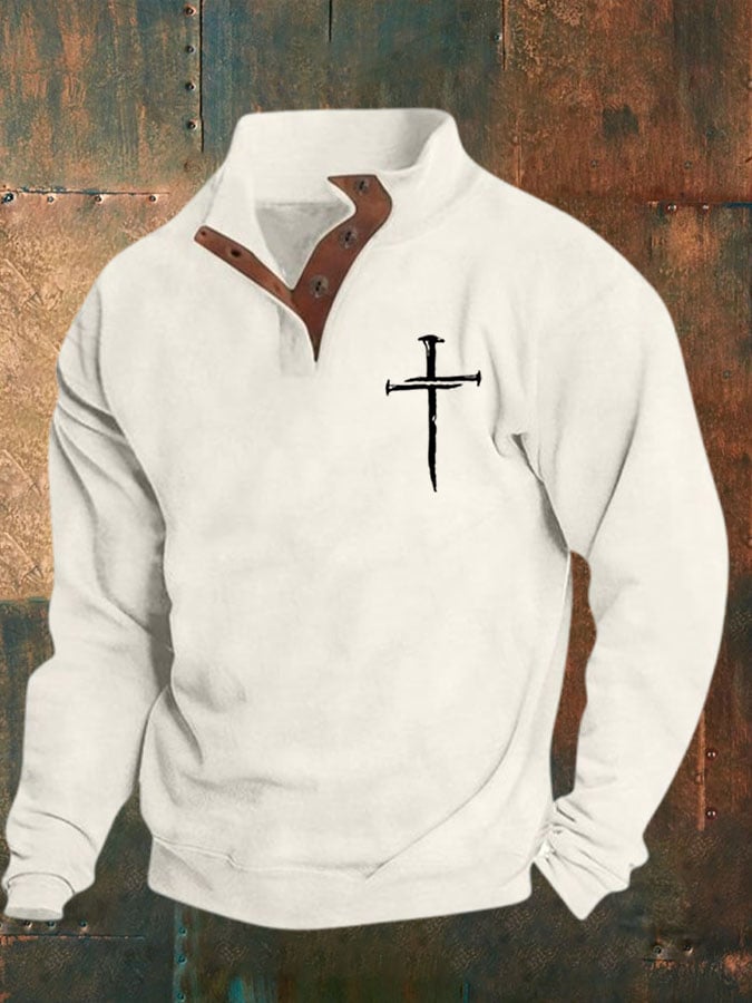 Men's Faith Cross Printed Stand Collar Button Sweatshirt