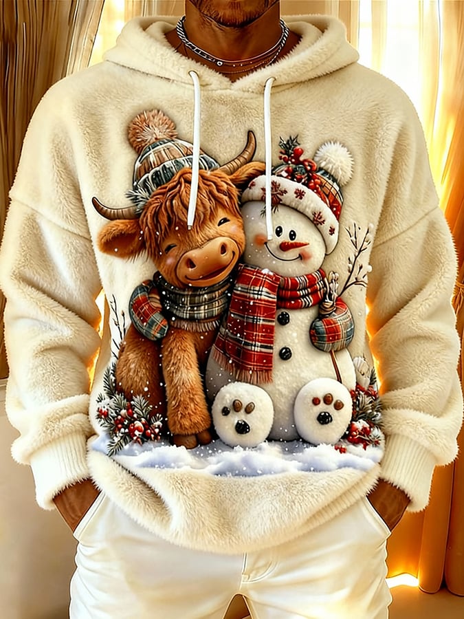 Men's Cute Animal Highland Cow Yeti Flannel Print Hooded Top