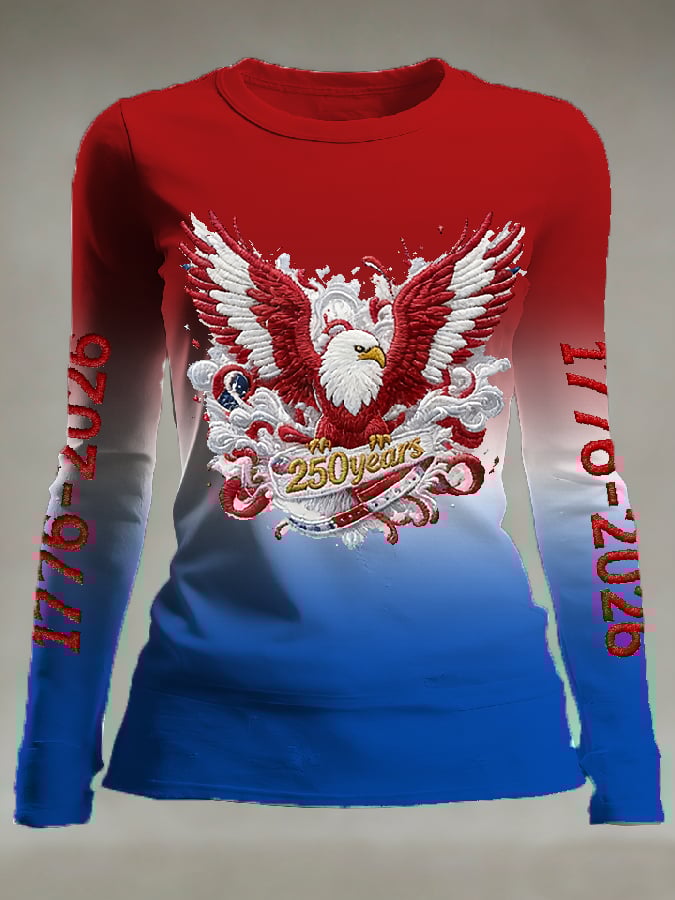 Women's casual long-sleeved T-shirt with 250th anniversary national flag and floral print.