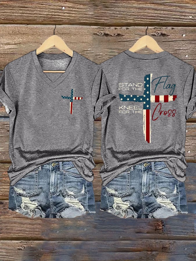 Women's Stand For The Flag Kneel For The Cross Printed Casual T-Shirt